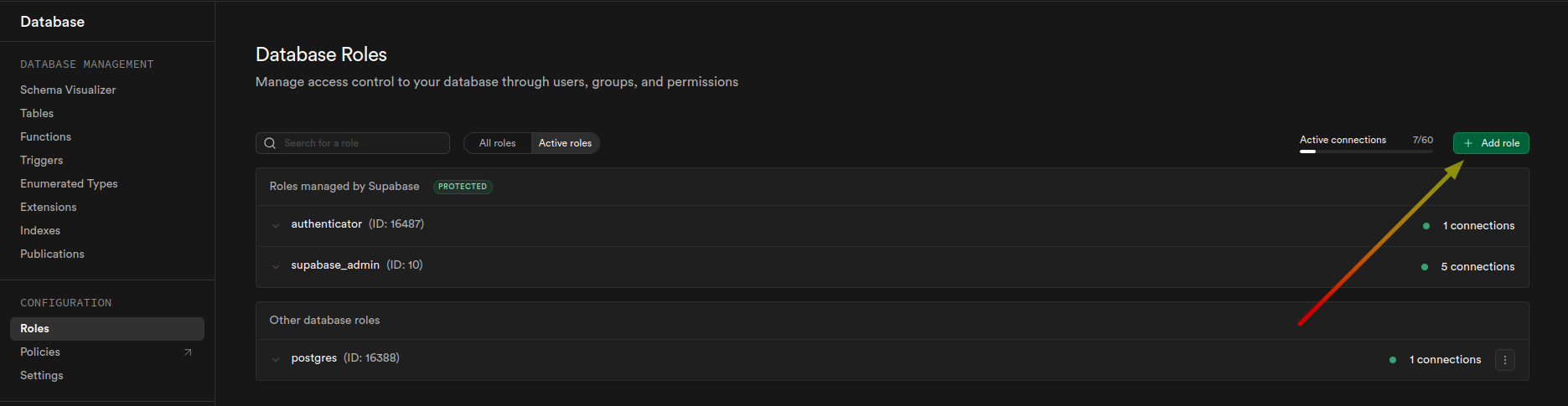 Supabase Database Roles page with the + Add role button highlighted