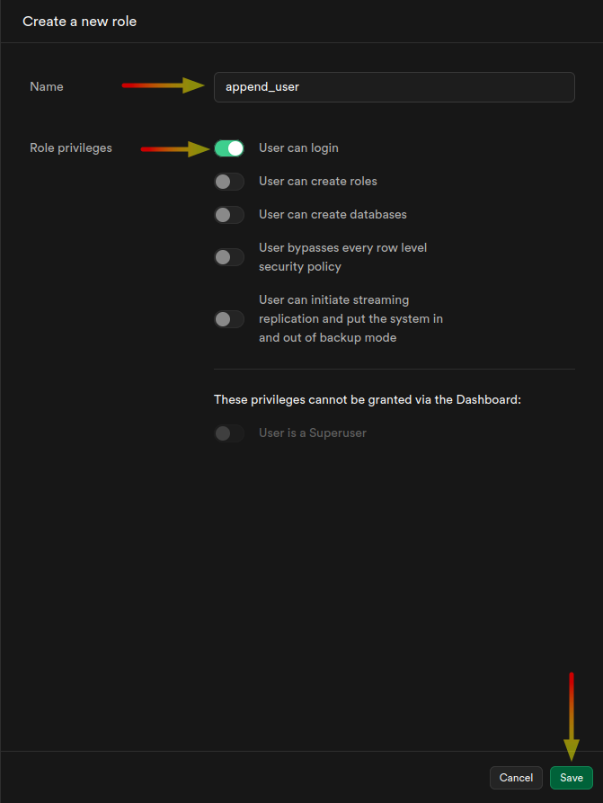 Create new role modal with append_user name and only User can login toggled on