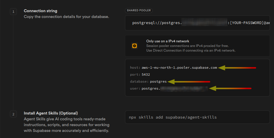 Supabase Connect modal showing Shared Pooler with host, port, database, and user fields