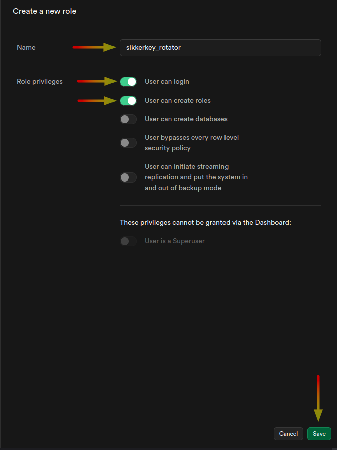 Create new role modal with sikkerkey_rotator name, User can login and User can create roles toggled on