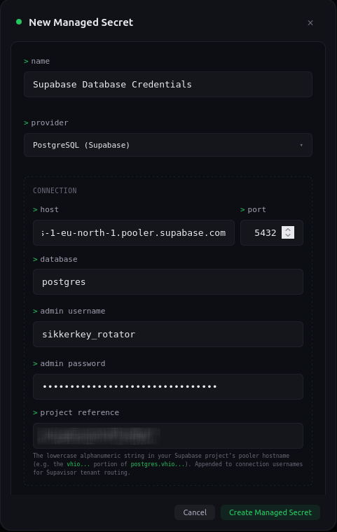 SikkerKey New Managed Secret modal showing connection fields