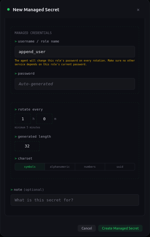 SikkerKey New Managed Secret modal showing managed credentials, rotation schedule, and charset fields