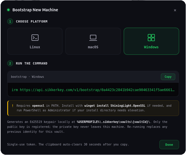 Running the one-time bootstrap command on the machine to register it with SikkerKey